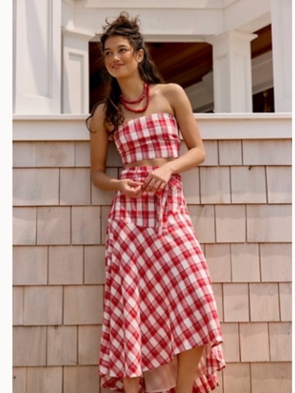 Free People Red and White Plaid High-Low Maxi Skirt *flawed